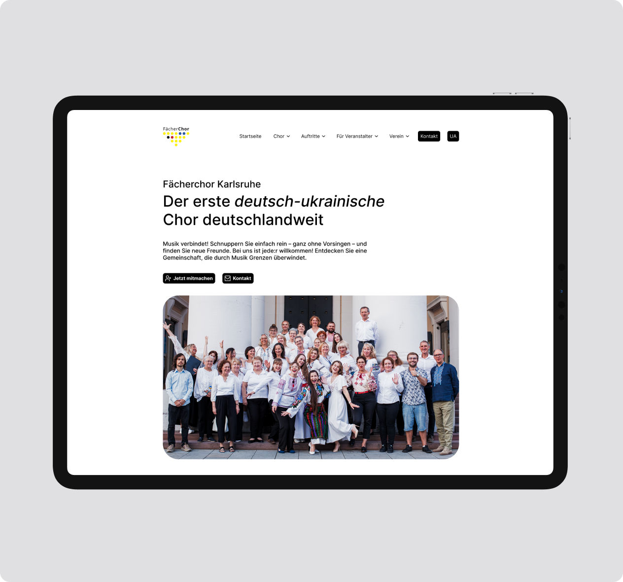 Emblem design for Madame FC depicting an M monogram in a circle with the words "Madame FC EST. 2003" inside on top of a background image of a soccer stadium.